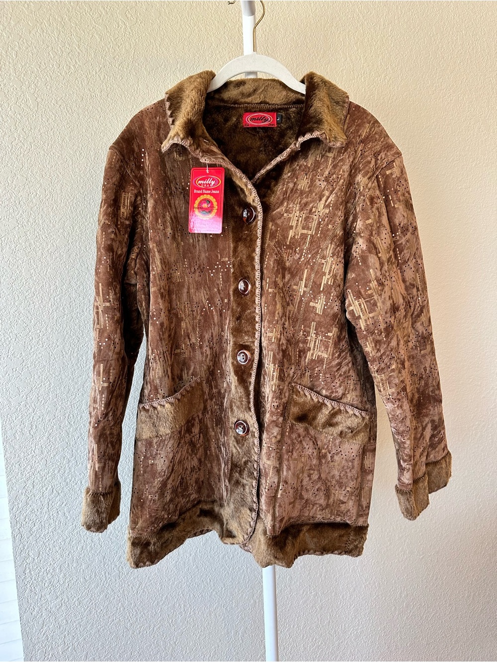 Vintage Milly jeans brown faux fur suede Sherpa coat size large NWT